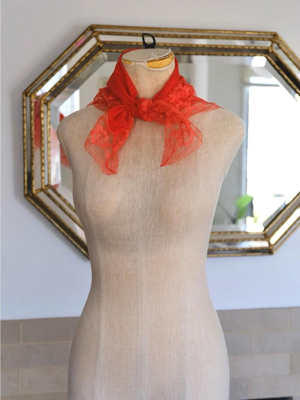 gorgeous vintage orange/red scarf with lace detailing